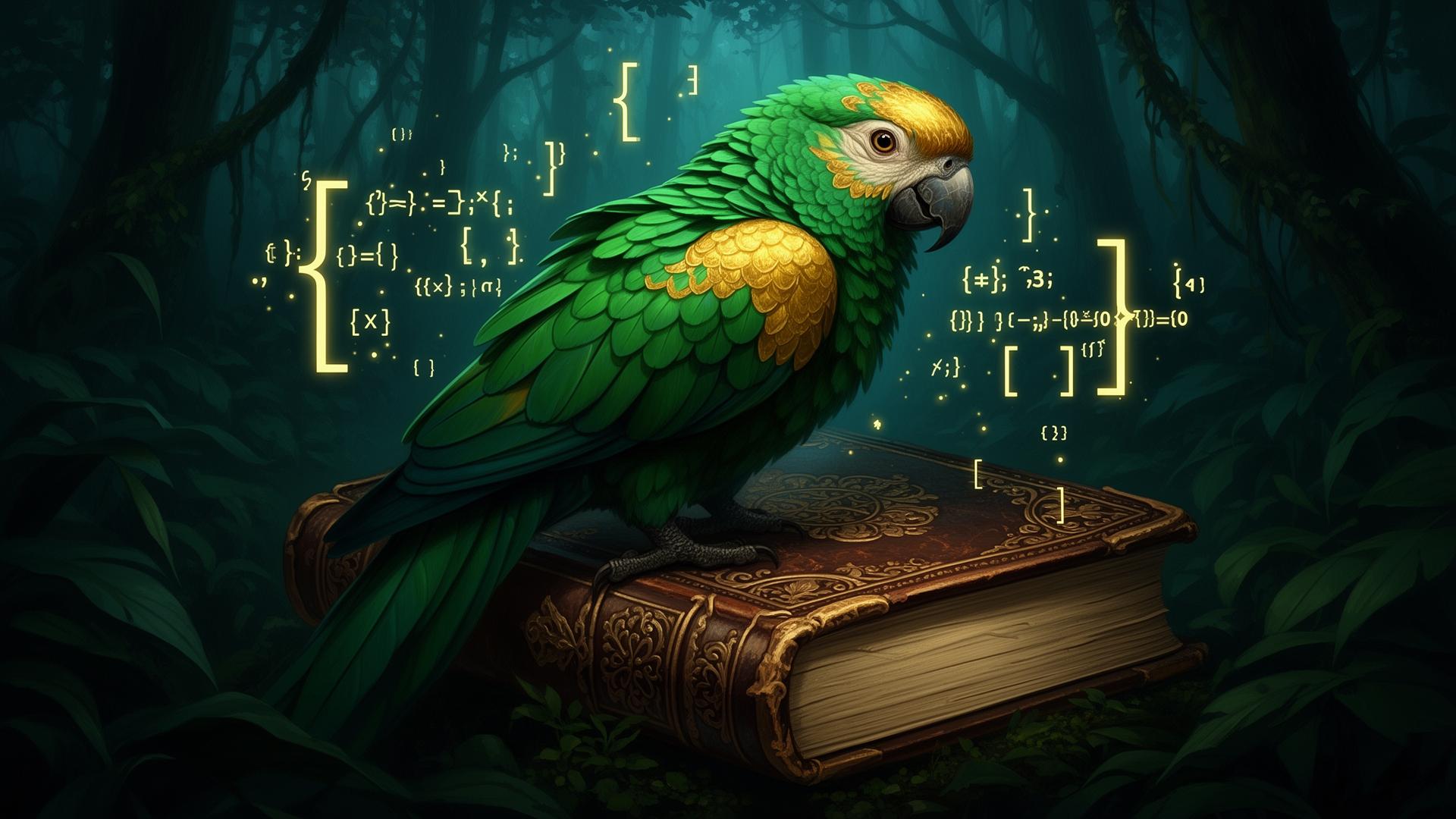 Sisserou parrot perched atop a glowing leather code book